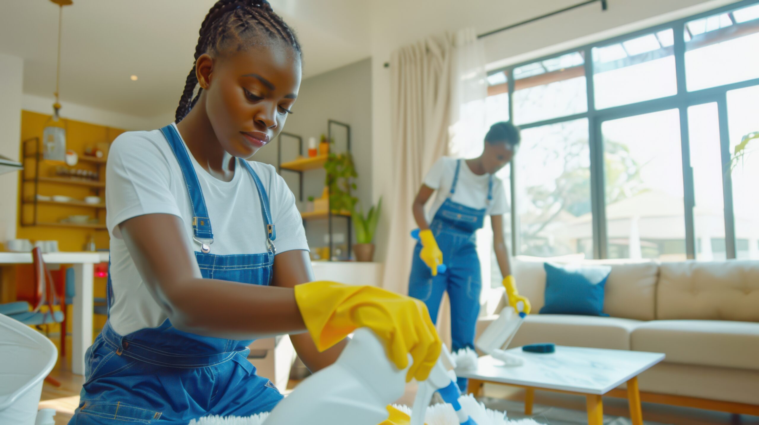 Two women in overalls and yellow gloves cleaning a living room.