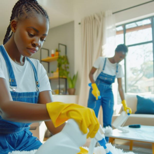 Two women in overalls and yellow gloves cleaning a living room.